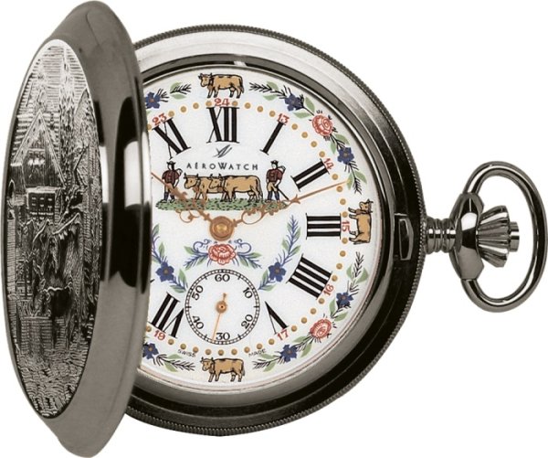 画像1: アエロ AERO 懐中時計 機械式 メタル、シルバー手巻き フタ付 銀時計 ポケットウオッチ 提げ時計 メカニカル 鎖付き時計 チェーン時計 紳士の時計 送料無料 (1)